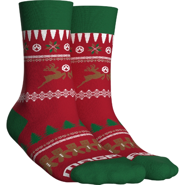 Picture of Magpul Industries Ugly Christmas Socks  GingARbread  One Size Fits Most  Red  Green and White with Custom Graphics  97% Polyester  3% Spandex MAG1372-375