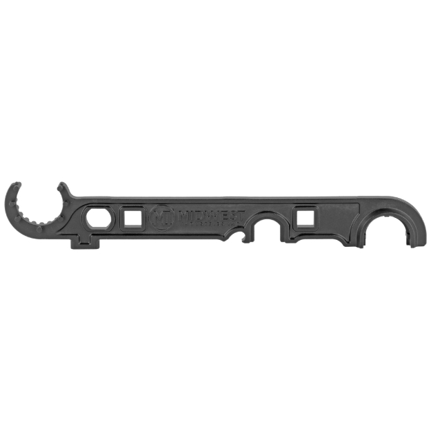 Picture of Midwest Industries Armorer's Wrench  Fits AR-15 Rifles  Bottle Opener  3/4" Wrench For A2 Muzzle Devices  Castle Nut Driver With 3 Notch Engagement  Small Hammer Head  Torque Specs Features On Wrench Handle  Constructed From 4140 Heat Treated Steel  Black Finish MI-ARAW