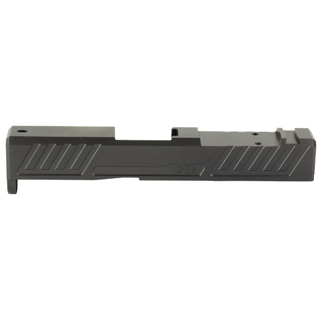 Picture of Grey Ghost Precision Stripped Slide  For Glock 43/43X  Version 1 Slide Pattern  Optic Cutout Compatible with Shield RMS-C with Correct Length Screws Included  No Mounting Plate Needed  Cover Plate Included  Grey DLC (Diamond-Like Coating) GGP-SPG43-V1-GRY