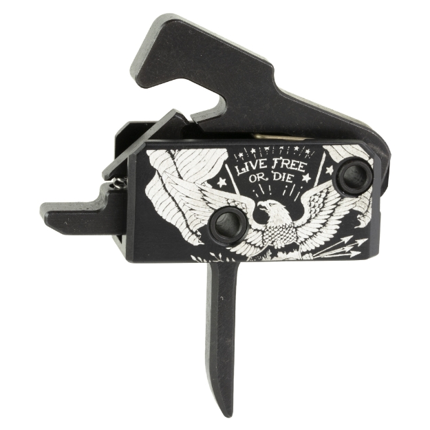 Picture of Rise Armament Super Sporting Trigger  Live Free or Die  Flat Trigger  Anodized Finish  Black and White  Includes Anti-Walk Pins RA-140F-LFOD-AWP