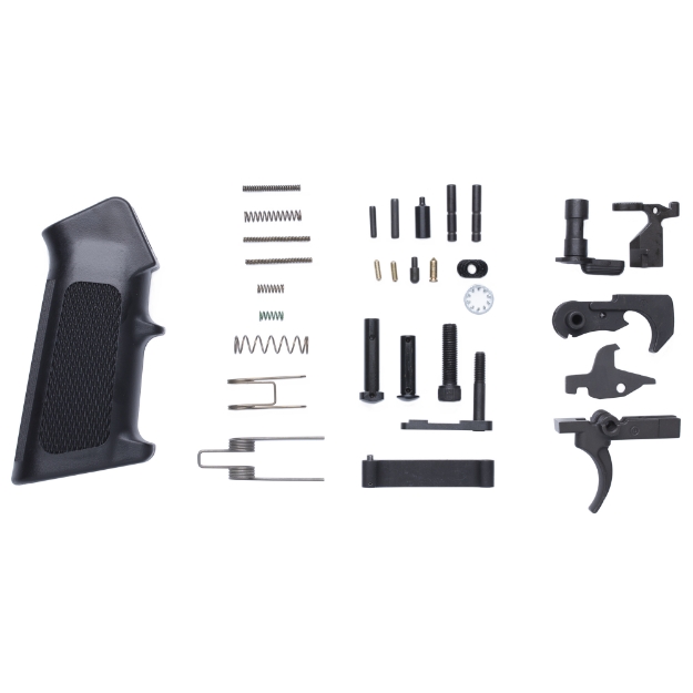 Picture of CMMG Lower Receiver Parts Kit  223 Rem/556NATO  Black Finish  Includes Takedown Pin  Receiver Pivot Pin  Takedown Pin Detent (2)  Takedown Pin Detent Spring (2)  Hammer and Trigger Pin (2)  Hammer Spring  Trigger Spring  Disconnect  Disconnect Spring  Safety Selector  Selector Detent  Lock Washer  Pistol Grip Screw  Hammer  Trigger  Pistol Grip  Magazine Catch  Magazine Catch Spring  Magazine Release Button  Trigger Guard Assembly  Bolt Catch  Bolt Catch Plunger  Bolt Catch Spring Pin  Bolt Catc
