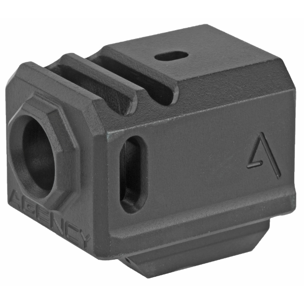 Picture of Agency Arms Gen3 Compensator  Features two chamber design-2 vertical ports and 2 side venting ports  Front sight hole  Two set screws with an Allen Wrench and a vial of Rockset are included in package  Compatible with the Glock 17/19/34  Standard 1/2 x 28 thread pitch  Black finish 417-3-BLK