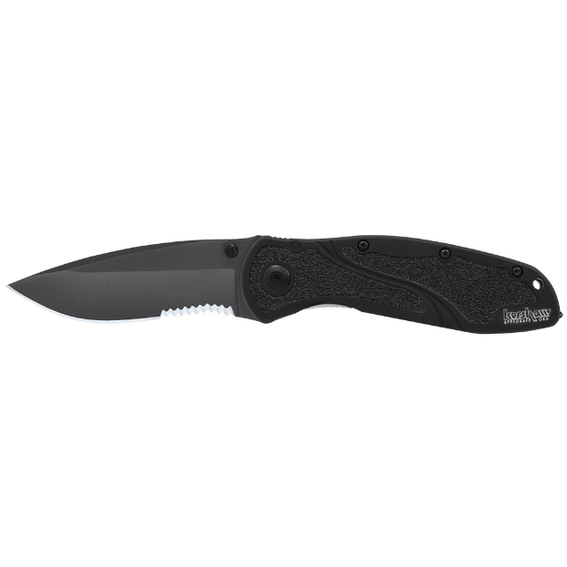 Picture of Kershaw Blur Glass Breaker  3.4"  Assisted Folding Knife  Modified Drop Point  Thumb Stud  Pocket Clip  Glass Breaker  14C28N/OD  Black Anodized Aluminum 6061-T6 1670GBBLKST