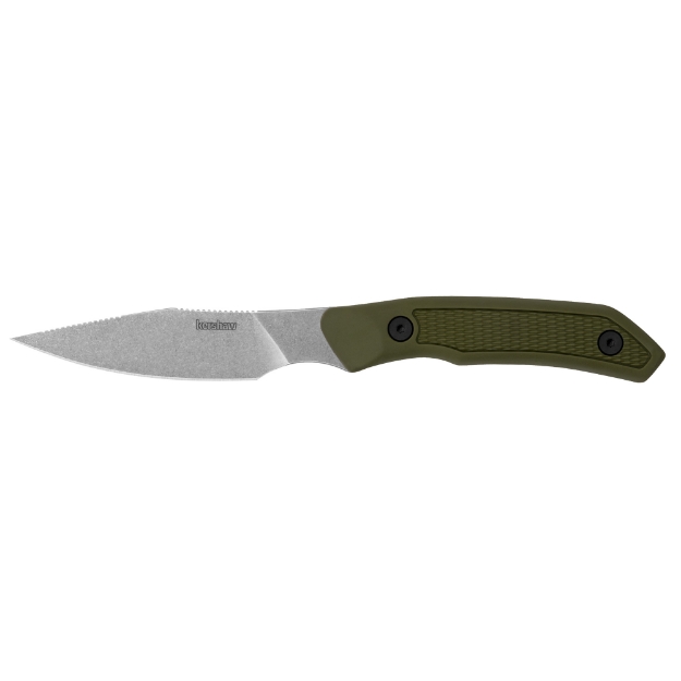 Picture of Kershaw Deschutes Caper  Fixed Blade Knife  3.3" Clip Point Blade  Plain Edge  D2 Steel  Stonewash Finish  Silver  Olive Drab Green Handle  Includes Molded Sheath 1882