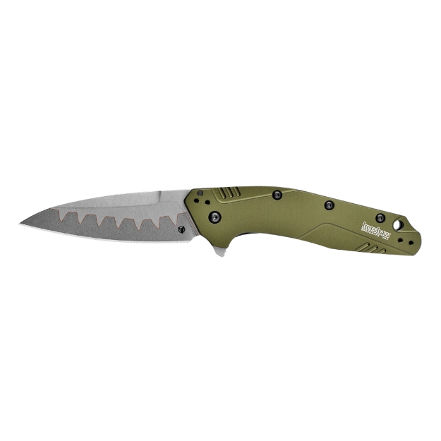 Picture of Kershaw Dividend  Folding Knife/Assisted  Drop Point  Plain Edge  3" Composite with D2 Cutting Edge and N690 Upper  Olive Anodized Aluminum 6061-T6 Handle 1812OLCB