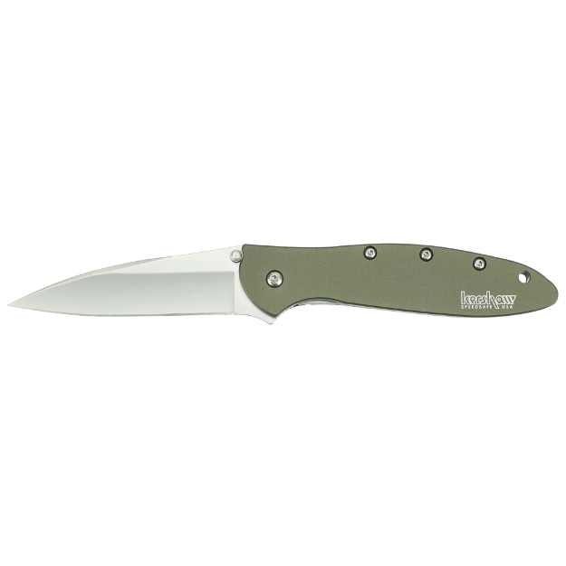 Picture of Kershaw Leek  3"  Assisted Folding Knife  Clip Point Thumb  Plain Edge  14C28N/Satin  Anodized Aluminum  Thumb Stud/Pocket Clip  Olive 1660OL
