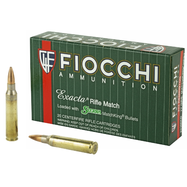 Picture of Fiocchi Ammunition Rifle  223 Remington  77 Grain  Hollow Point Boat Tail Match King  20 Round Box 223MKD