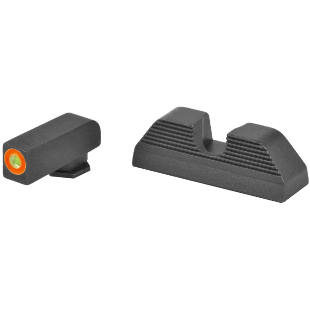 Picture of AmeriGlo Sight  Fits Glock 17 19 22 23 24 26 27 33 34 35 37 38 39  Green Tritium Orange Outline Front  Black Serrated Round Notch Rear GL-353