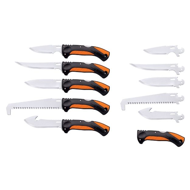 Picture of Cold Steel Click N Cut Hunting Kit  Folding Knife  Includes 1 Knife Handle and 5 Blades (1-3.5" Caper Blade  1-4" Skinning Blade w/Gut Hook  1-4" General Purpose Blade  1-5" Boning Blade  and 6" Bone Saw)  Non Slip Orange and Black Handle CS-CC-FLDKIT