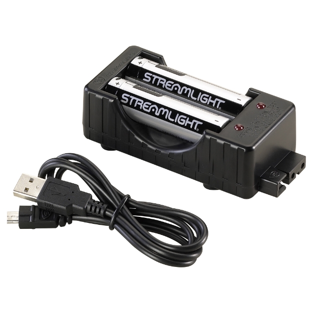 Picture of Streamlight Rechargeable  Charging Kit  2x 18650 USB Batteries  USB Cord  Charging Base  Black 22010