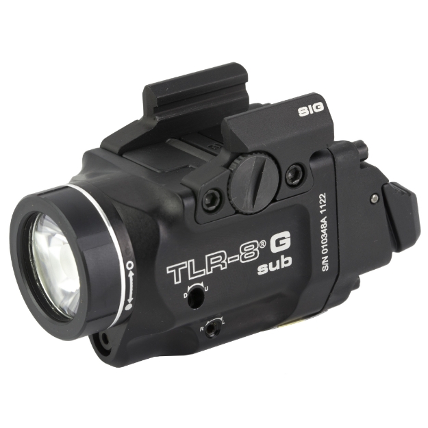 Picture of Streamlight Streamlight TLR-8 G Sub  White LED with Green Laser  Fits Sig P365/XL  500 Lumens  Anodized Finish  Black  Includes (1) CR123a Battery  Low and High Switches 69437