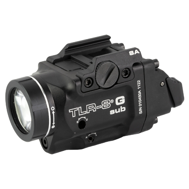 Picture of Streamlight Streamlight TLR-8 G Sub  White LED with Green Laser  Fits Springfield Hellcat  500 Lumens  Anodized Finish  Black  Includes (1) CR123a Battery  Low and High Switches 69439