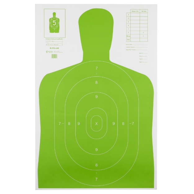 Picture of Action Target B-27E High Visibility Target  Fluorescent Green  Silhouette Cut Off Below Ring 7  23"x35"  100 Per Box B-27E-LGR-100