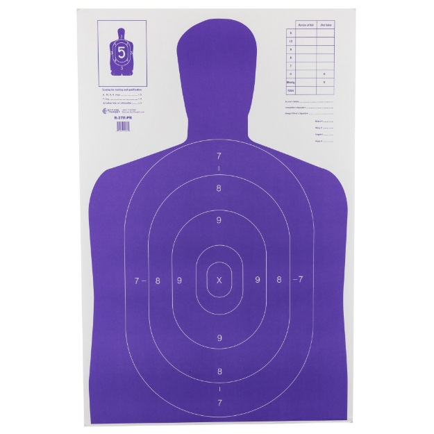 Picture of Action Target b-27E High Visibility Target  Fluorescent Purple  Silhouette Cut Off Below Ring 7  23"x35"  100 Per Box B-27E-PR-100