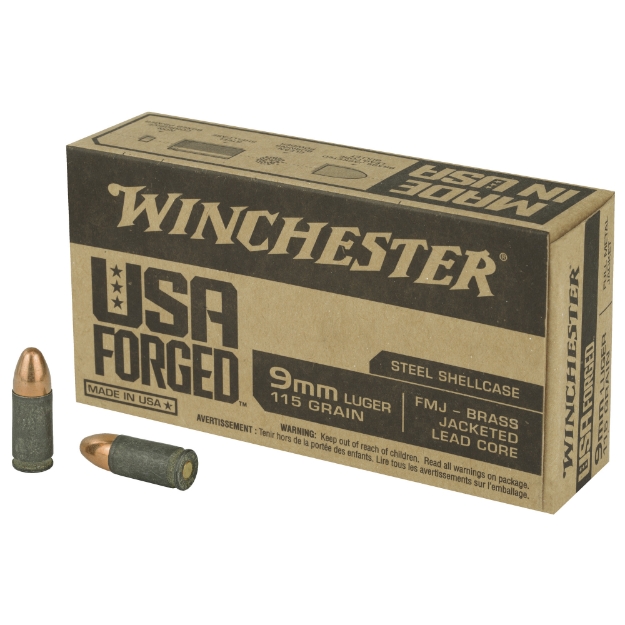 Picture of Winchester Ammunition USA Forged  9MM  115 Grain  Brass Jacketed Lead Core (FMJ)  Steel Cased  50 Round Box WIN9SV