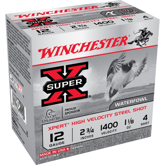 Picture of Winchester Ammunition XPERT STEEL  HIGH VELOCITY  12 Gauge 2.75"  #4  1 1/8 oz  Steel Shot  25 Round Box WEX12H4