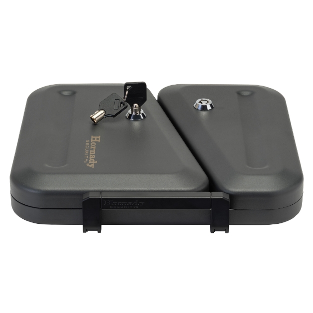 Picture of Hornady Dual-Lid Lock Box  Foam Interior  2 Keyed Alike Locks  11"x10"x2" Exterior Dimensions  Includes Steel Security Cable 95229