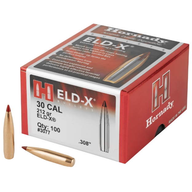 Picture of Hornady ELD-X  .308 Diameter  30 Caliber  212 Grain  Ballistic Tip  100 Count 3077
