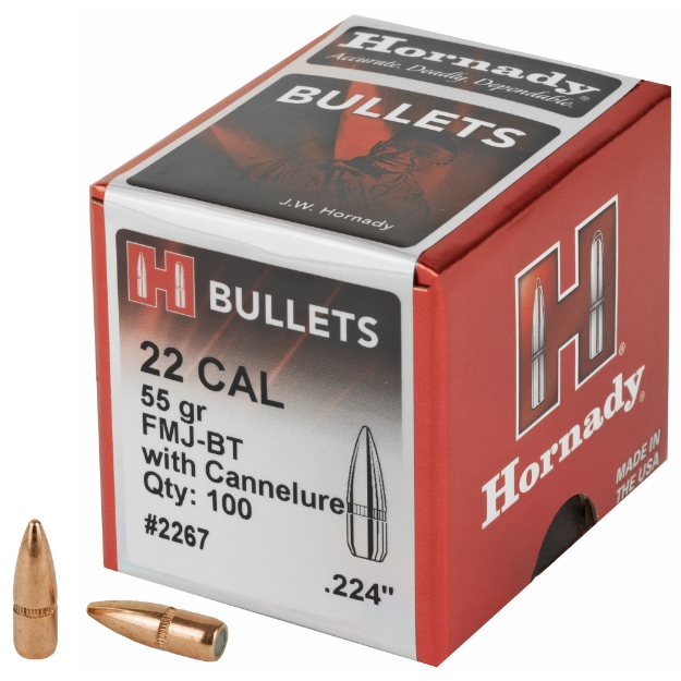 Picture of Hornady FMJ-BT  .224 Diameter  22 Caliber  55 Grain  Boat Tail  100 Count 2267