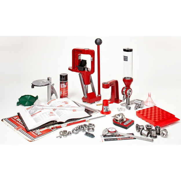 Picture of Hornady Lock-N-Load Deluxe Classic Reloading Kit containing Lock-N-Load Classic Single Stage Press  Lock-N-Load Powder Measure  Digital Scale  Hornady Handbook of Cartridge Reloading  Primer Catcher  Positive Priming System  Handheld Priming Tool  Universal Reloading Block  Chamfering and Deburring Tool  Powder Trickler and Funnel  One Shot Case Lube  Three Lock-N-Load Die Bushings  Sure-Loc Lock Ring 6 Pack  Powder Measure Stand  Shellholder Pack (#1  #2  #5  #16  & #35)  Kinetic Bullet Puller 