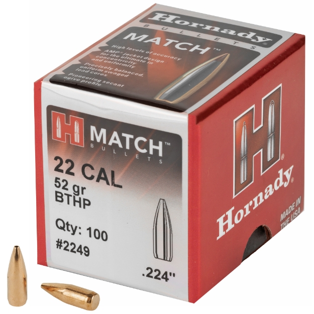 Picture of Hornady Match  .224 Diameter  22 Caliber  52 Grain  Boat Tail Hollow Point  100 Count 2249