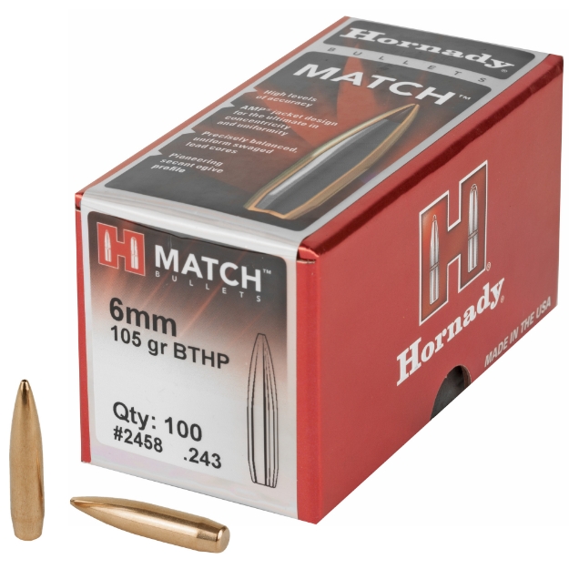 Picture of Hornady Match  .243 Diameter  6MM/243 Winchester  105 Grain  Boat Tail Hollow Point  100 Count 2458