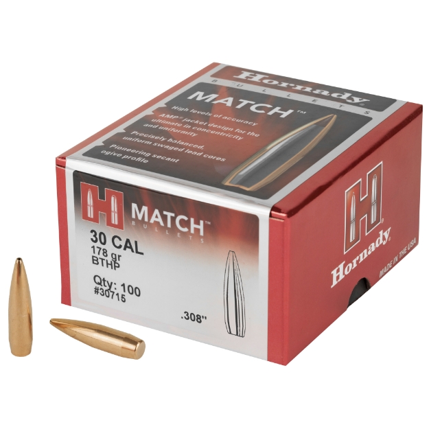 Picture of Hornady Match  .308 Diameter  30 Caliber  178 Grain  Boat Tail Hollow Point  100 Count 30715