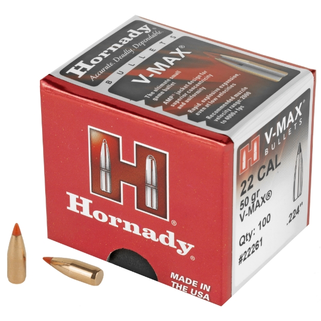 Picture of Hornady V-Max  .224 Diameter  22 Caliber  50 Grain  Ballistic Tip  100 Count 22261