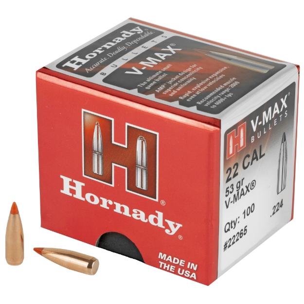 Picture of Hornady V-Max  .224 Diameter  22 Caliber  53 Grain  Ballistic Tip  100 Count 22265